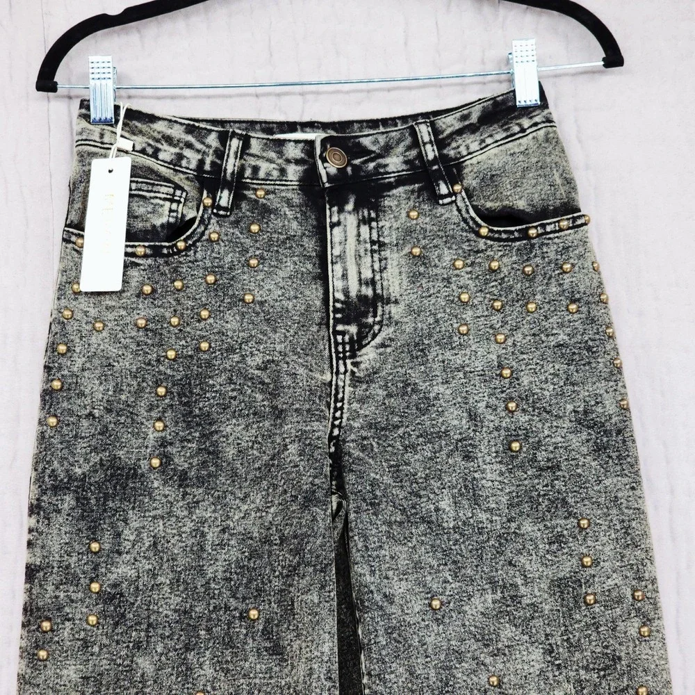 Mebon by Machine Studded Jeans 3 Jr Women Black Acid Wash Wide Leg High Rise NEW